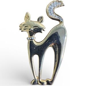 Gold Tone Cat Kitten Brooch with Rhinestones Vintage